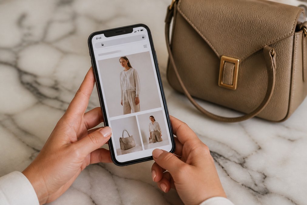 Close-up of hands holding a smartphone displaying a boutique website with security lock icon visible in the browser address bar, alongside product photos and a leather handbag on a marble surface