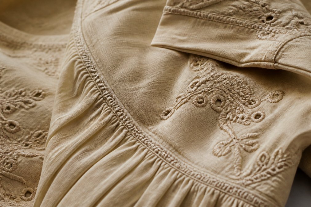 Close-up of luxury fabric textures showing detailed stitching, seams, weave patterns, and embroidered details on a designer dress, demonstrating craftsmanship and material quality