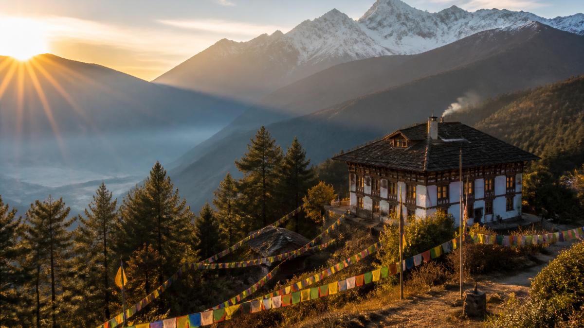A serene Himalayan valley at sunrise with a traditional Bhutanese boutique lodge nestled among pine trees and prayer flags, misty mountain peaks behind
