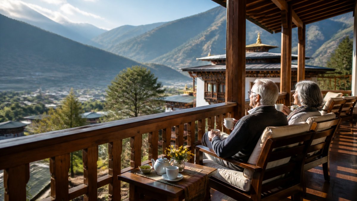 Older couple relaxing on a terrace overlooking the Paro Valley with mountain vistas, traditional Bhutanese architecture visible, soft afternoon light casting long shadows across wooden railings
