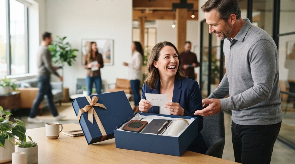 Close-up of an elegantly presented premium gift box with ribbon, containing a wireless charger and branded accessories, resting on a clean white desk in a modern office setting