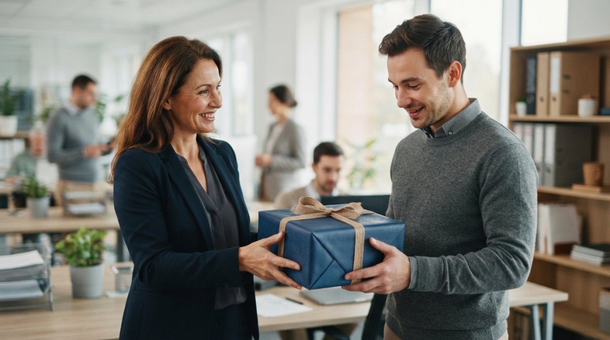 HR manager or team leader handing a beautifully wrapped branded gift box to a smiling employee in a bright, contemporary office environment