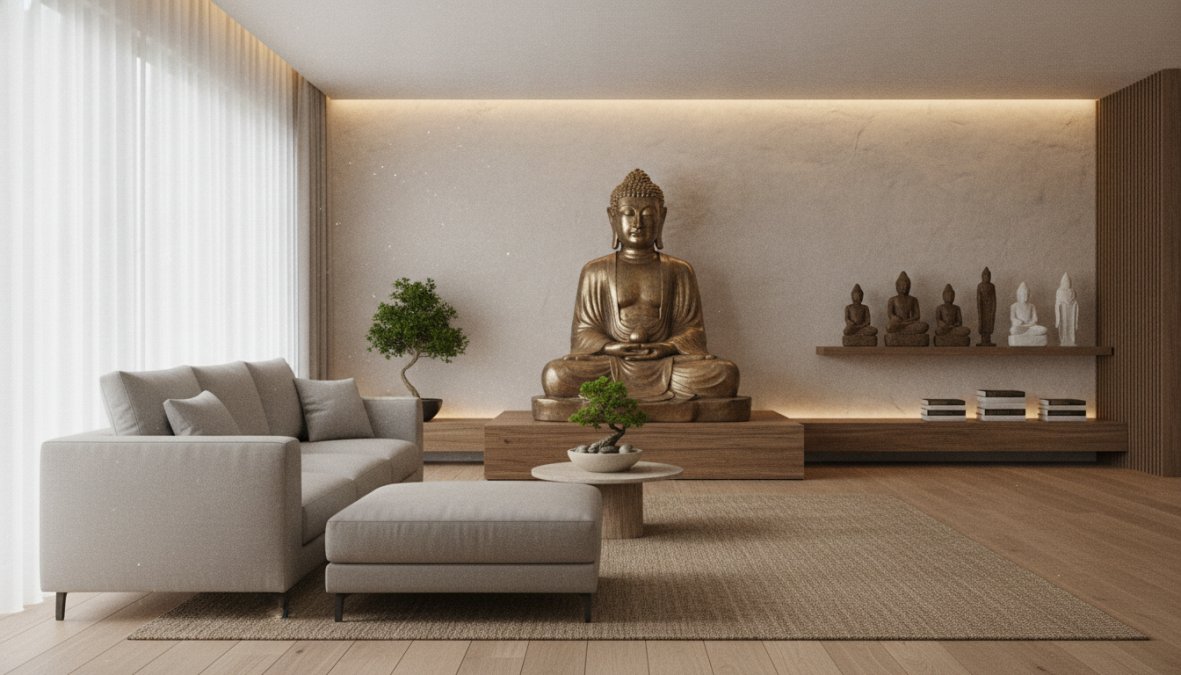 Serene modern living room with a luxury marble Buddha statue positioned on a floating shelf, soft warm LED lighting casting subtle shadows on a minimalist white wall, meditation cushion below, natural light from a nearby window
