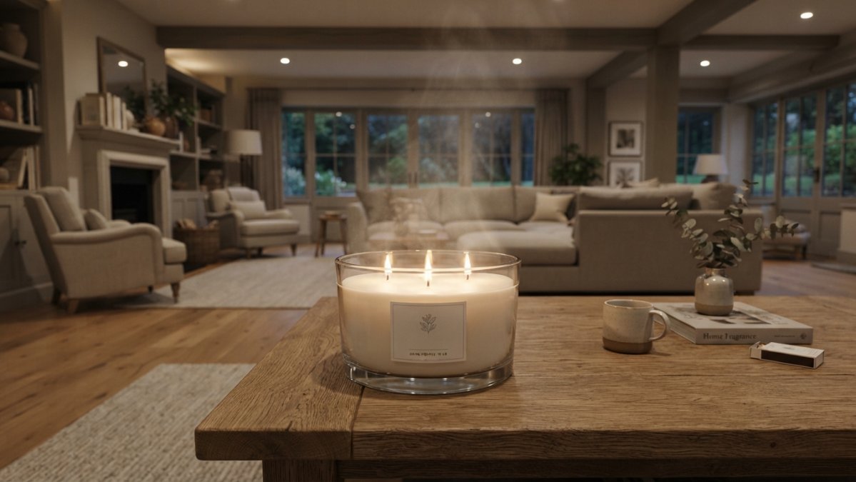 A lit three-wick candle in a large glass vessel on a coffee table in a spacious, softly lit open-plan living room, with visible fragrance haze and elegant neutral interiors