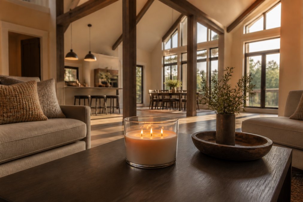 A lit three-wick candle glowing on a coffee table in a large open living room with high ceilings, exposed beams, and modern furniture, warm evening light casting long shadows across the floor