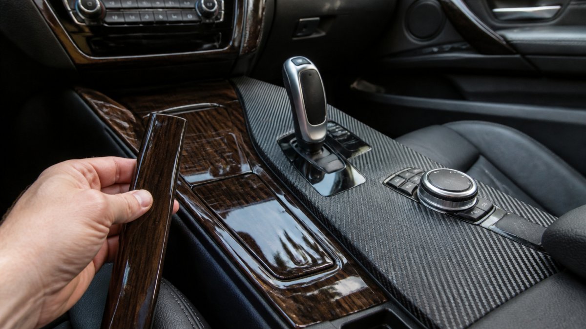Comparison chart of glossy wood and matte carbon-fiber interior trim finishes held by a hand