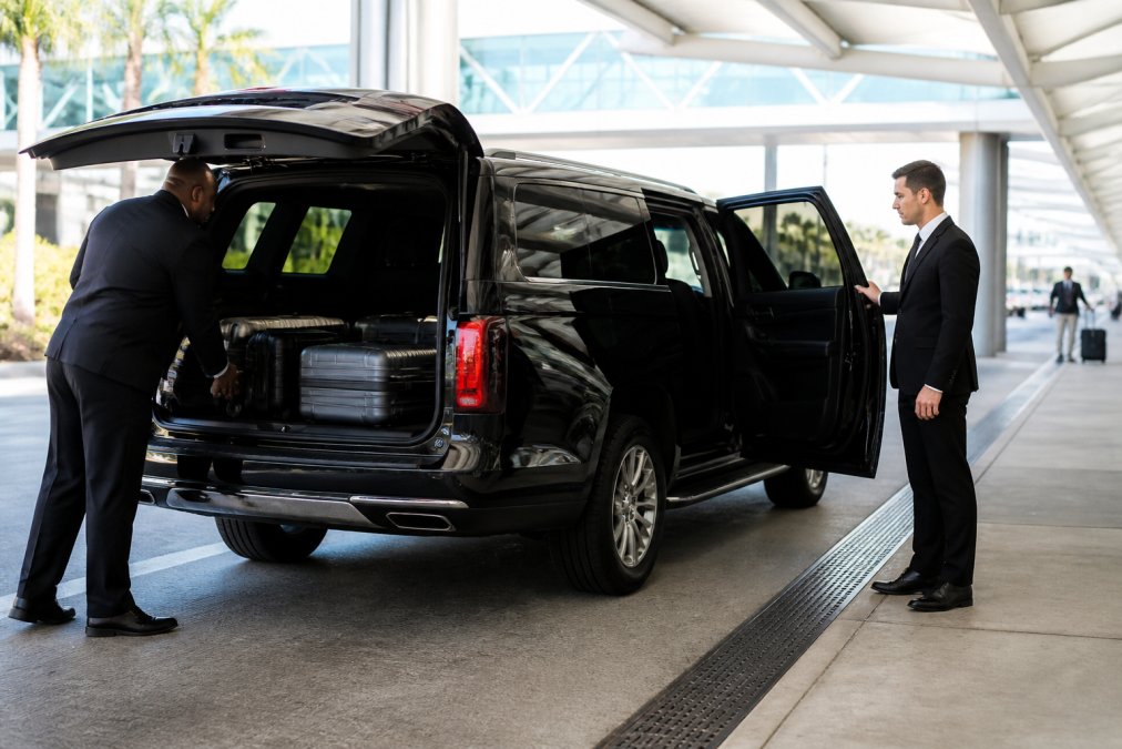 A professional chauffeur in a dark suit standing beside a black luxury SUV, holding the rear passenger door open at an airport curb, with luggage being loaded into the trunk
