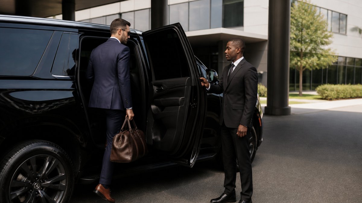 Professional business executive in tailored suit entering a luxury black SUV, with a uniformed driver holding the door open in a modern office building parking area