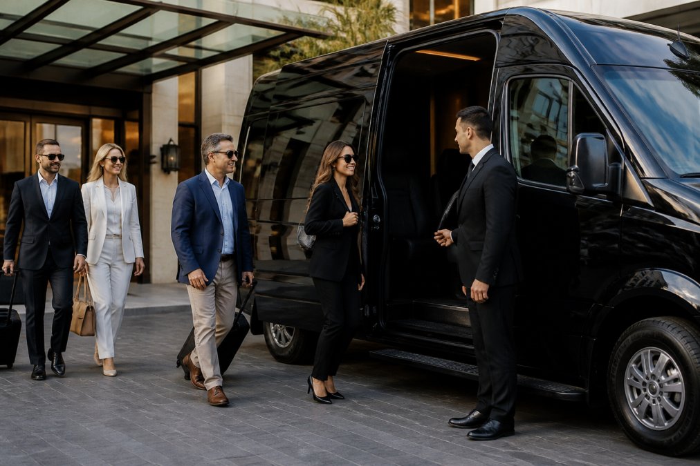 A professional chauffeur in a dark suit holding the door open for a group of business travelers beside a luxury black sprinter van in front of a modern hotel entrance