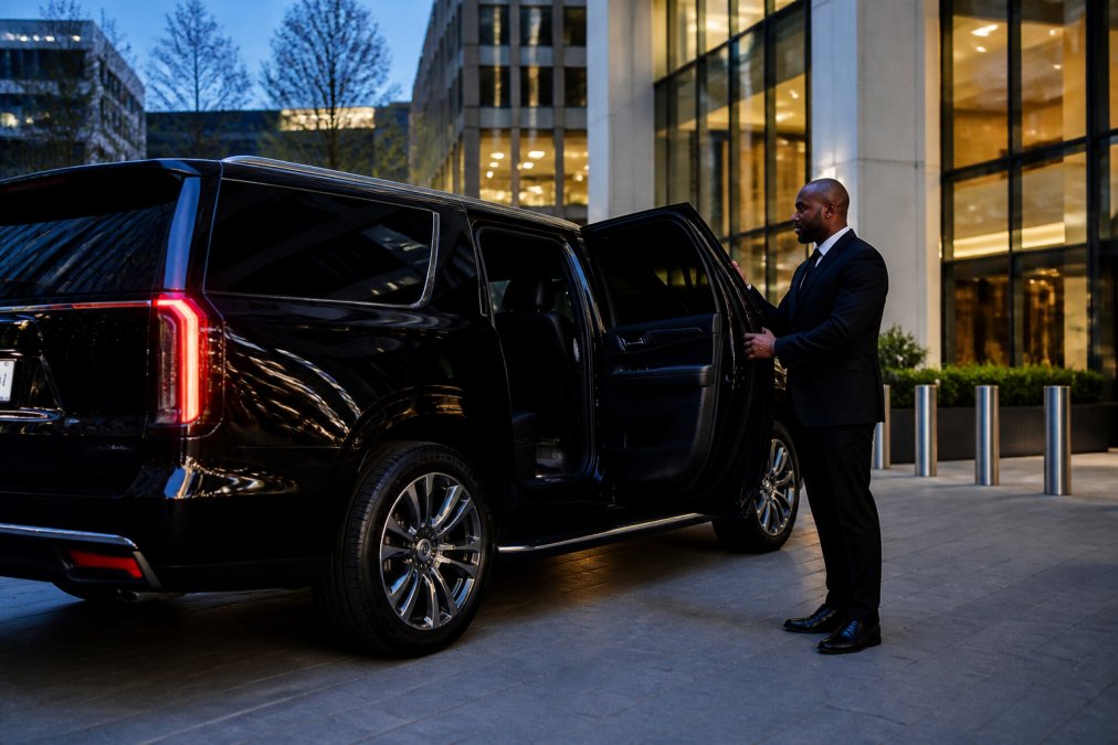 A sleek black luxury SUV parked outside a modern office building in Charlotte at dusk, with a professional chauffeur in a dark suit standing beside the rear passenger door, ready to assist