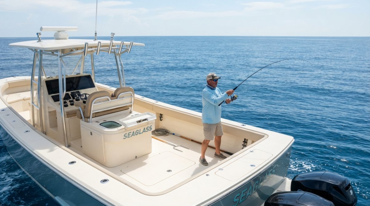 Angler casting from a center console vs cabin cruiser boat with 360-degree deck space in calm offshore waters