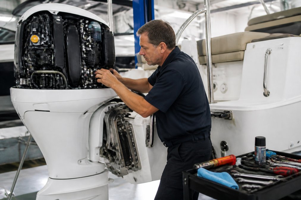 Skilled marine technician performing routine inspection and service on outboard engine mounted on transom of center console yacht at professional service facility, diagnostic tools visible