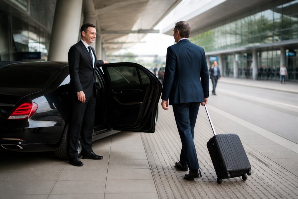 Well-dressed professional chauffeur in dark suit standing beside a luxury black sedan at an airport terminal, with an executive in business attire approaching the vehicle with luggage