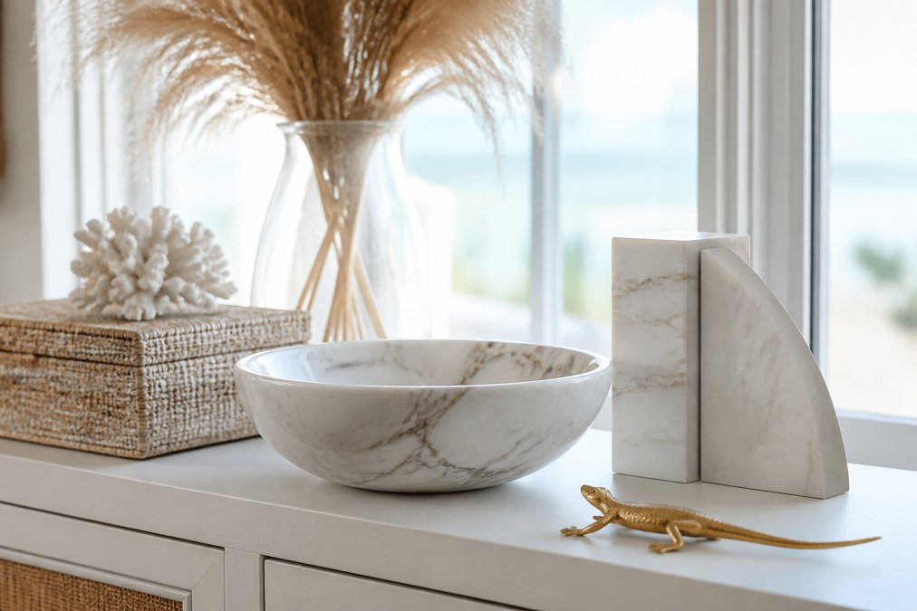 Styled marble bowl and bookends arranged on a white coastal console table with dried pampas grass, a brass lizard figurine, and soft neutral accessories in natural window light