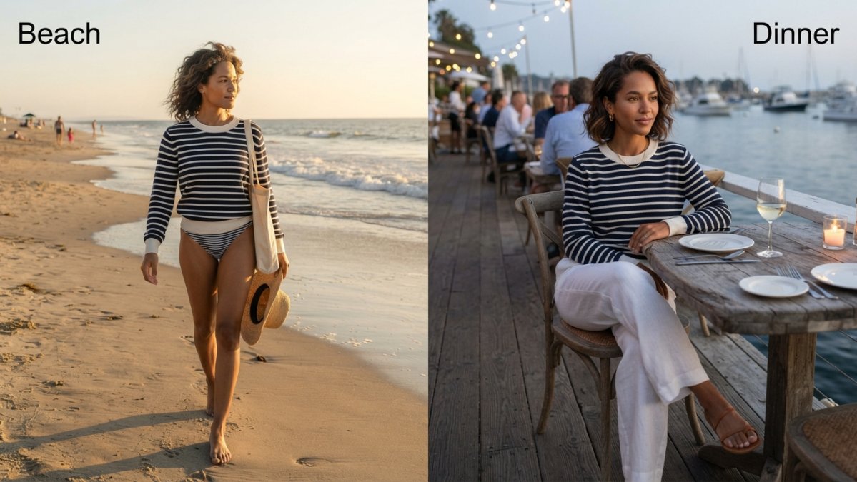 A woman in a lightweight striped knit sweater over a swimsuit walking a sandy beach at golden hour with a canvas tote, then the same sweater styled with white linen pants at an outdoor seaside restaurant