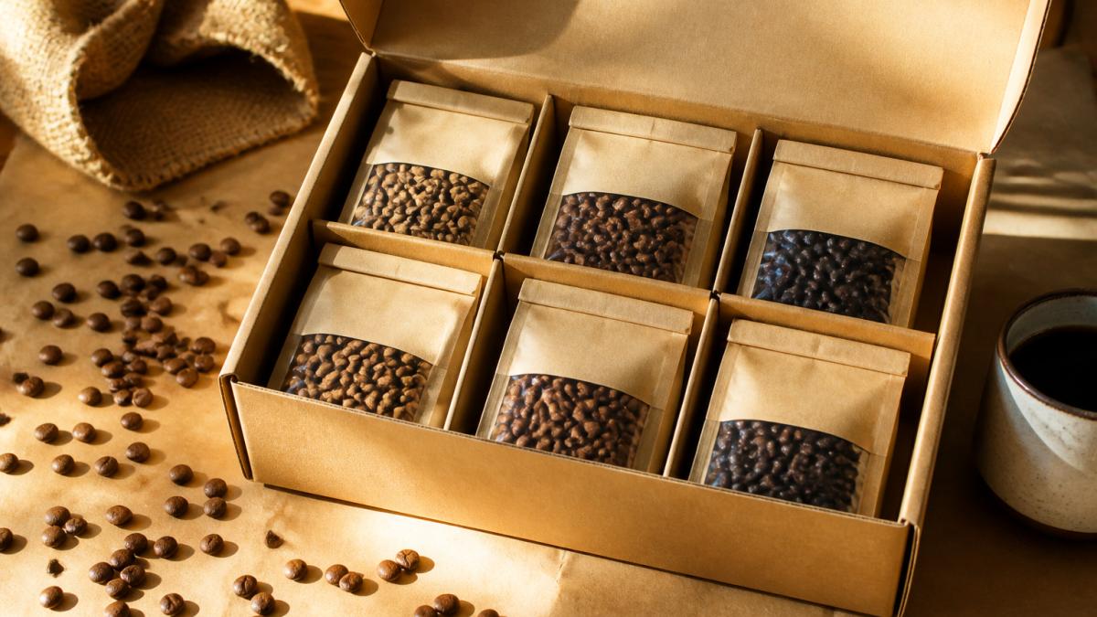 Open luxury coffee gift box displaying six 2oz sample packs with distinct roast levels and origin labels, coffee beans scattered across kraft paper packaging, morning sunlight illuminating the contents