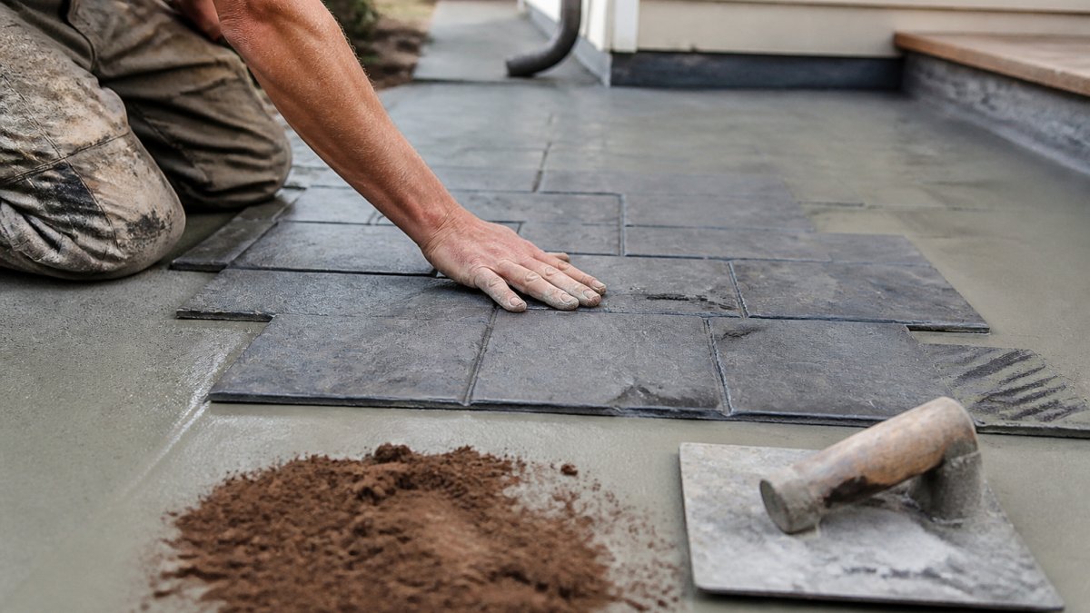 Close-up of a contractor's hand pressing a textured stamp mat into fresh gray concrete on a residential patio, with color hardener powder and a trowel resting nearby in afternoon light