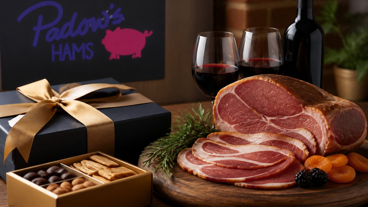 Premium cured ham on a wooden board served with wine as luxury corporate food gifts