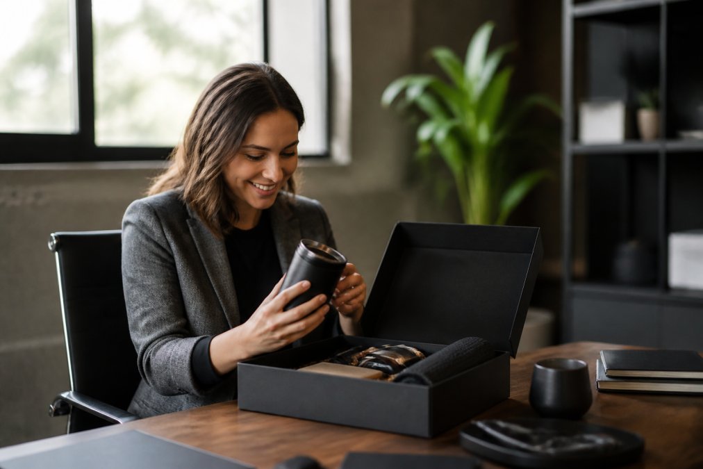 Professional opening a beautifully packaged premium gift box at their desk, examining the curated contents with satisfaction, modern office with natural window lighting and minimalist design