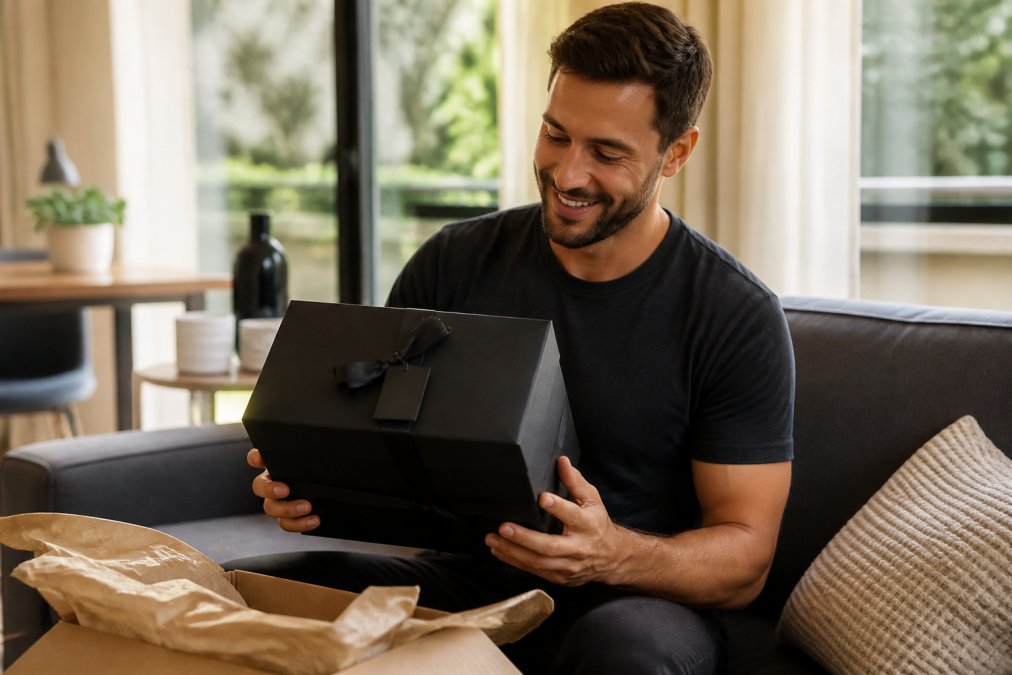 Team member receiving a beautifully packaged branded gift box at their home, smiling while holding the box with care, warm residential setting with soft natural lighting