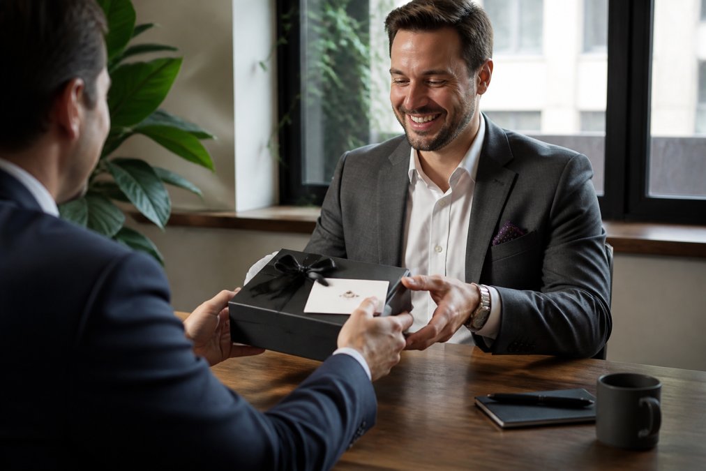 A manager's hands presenting a premium gift box to a client across a polished meeting room table, with a handwritten card resting on top and natural window light