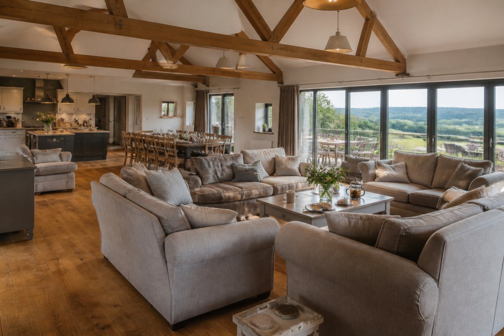 Spacious open-plan living area with comfortable seating arranged for a large family group, countryside views through large windows, warm natural lighting, modern barn conversion interior with exposed beams