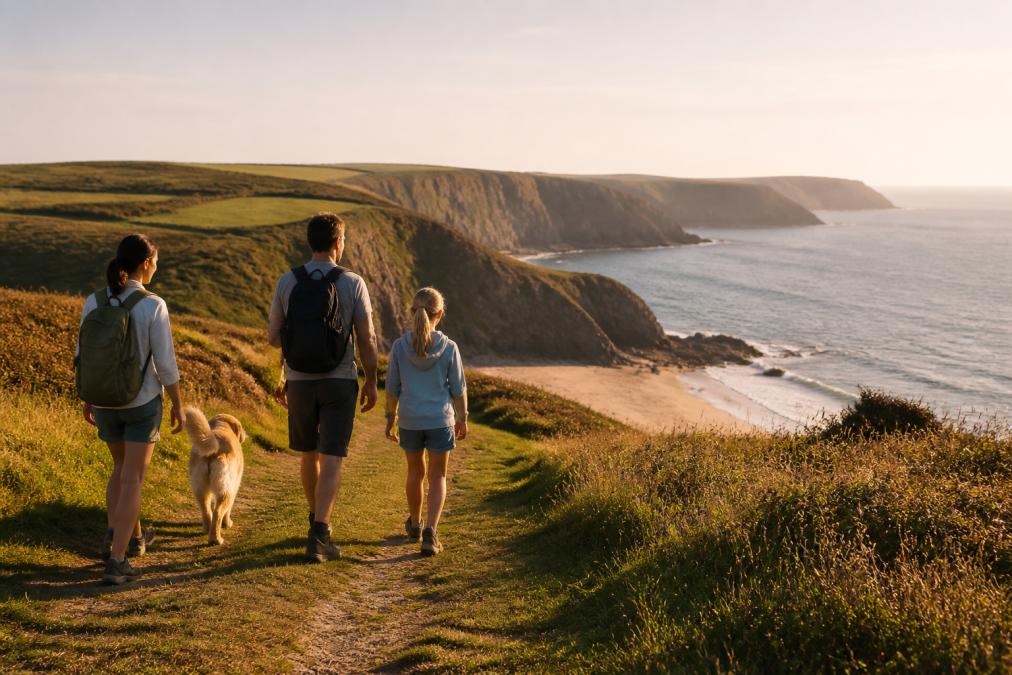 Family walking together along the South West Coast Path with dramatic coastal cliffs and golden sandy beach visible below, golden hour lighting, dog walking alongside the group, coastal landscape in background