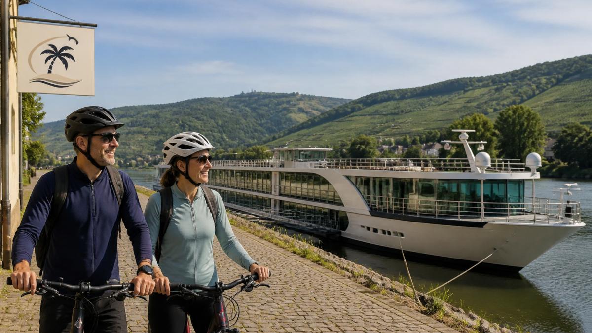 A couple in cycling gear standing beside bicycles on a cobblestone riverbank path, with a boutique river cruise ship docked in the background and vineyard hills beyond