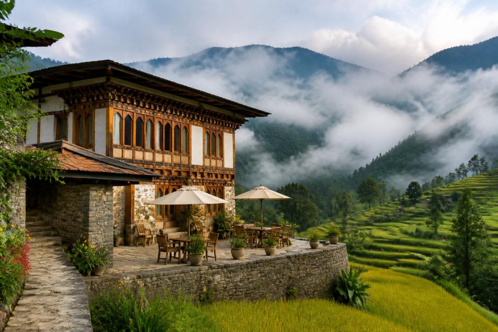Exterior of a luxury boutique lodge in a misty Himalayan valley, featuring traditional Bhutanese architecture with intricate painted woodwork, surrounded by terraced rice fields and morning fog