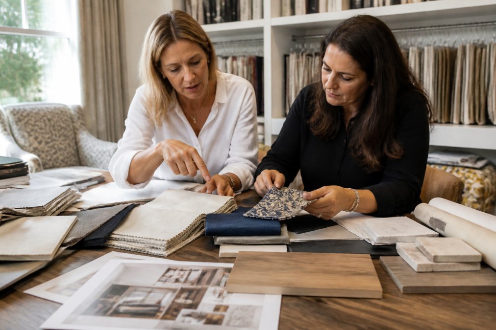 Professional designer and client reviewing fabric swatches, wood samples, and design sketches at a consultation table with color boards and mood boards visible, natural window lighting