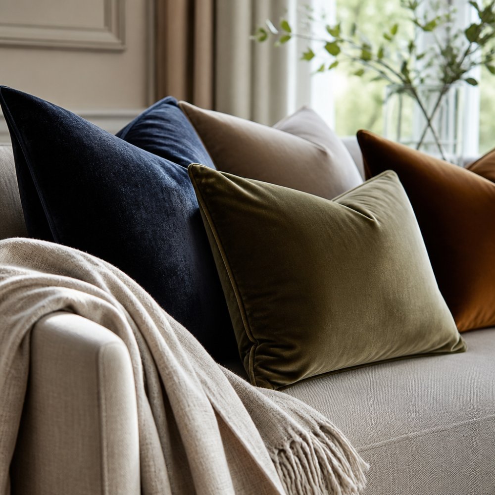 Close-up of layered velvet and linen cushions arranged on a sofa in soft natural light, showing rich texture and material depth with a throws draped over the arm