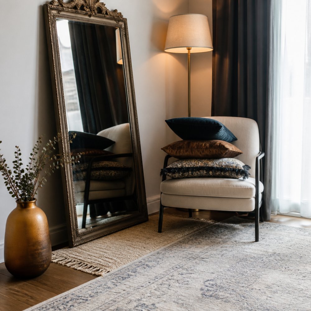 Styled apartment corner featuring a large decorative mirror, layered area rug, stacked velvet cushions on a chair, ambient floor lamp, and a single decorative vase creating a sophisticated focal point