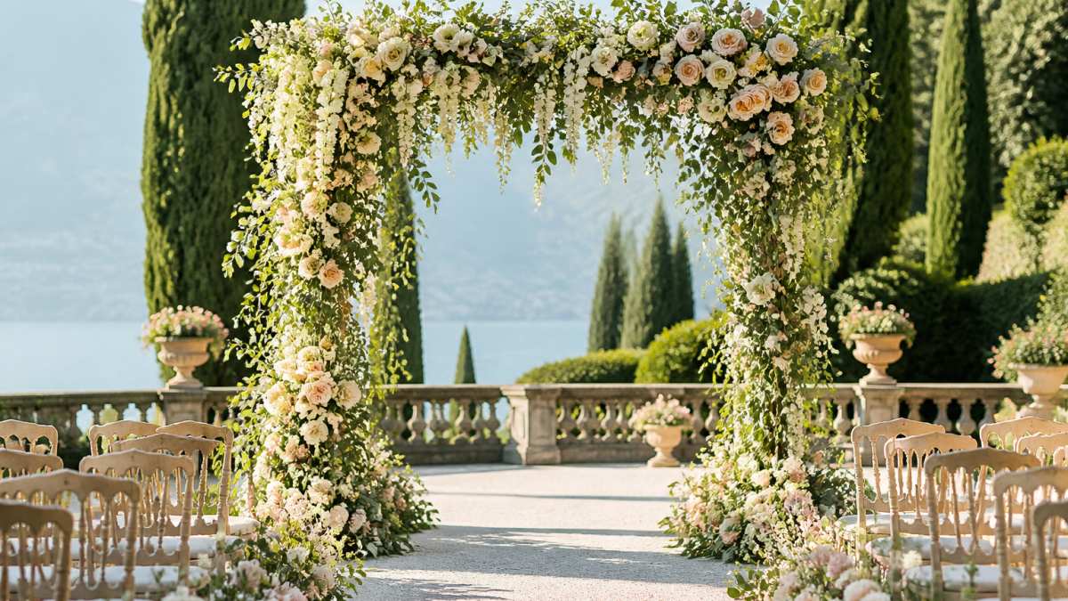 Elaborate floral arbour adorned with cascading garden roses, eucalyptus, and trailing jasmine vines at a luxury outdoor wedding venue, with soft afternoon light filtering through the blooms and a manicured garden backdrop