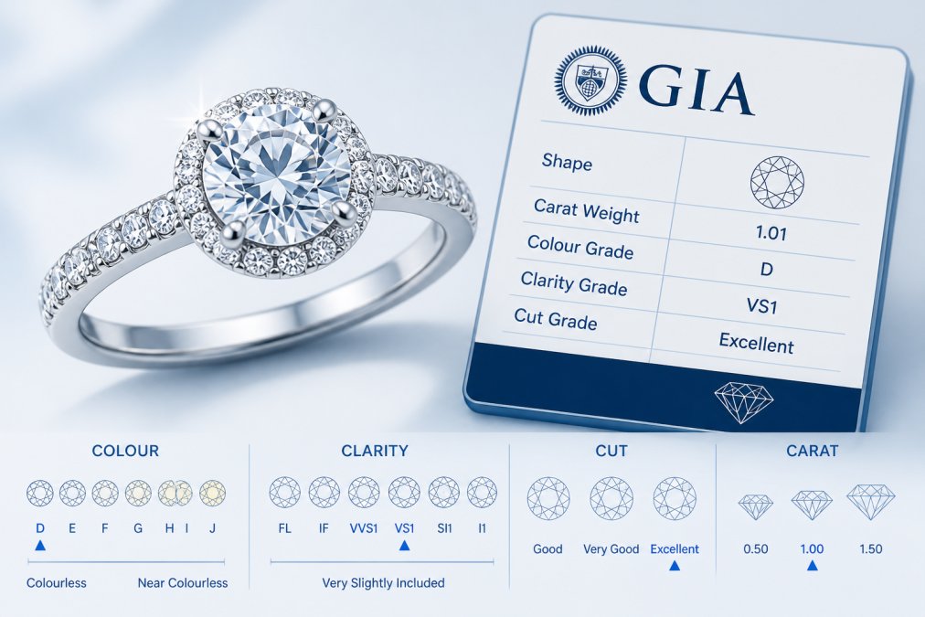 Close-up of a luxury diamond jewellery piece catching light against a soft white background, with a GIA certification document positioned beside it, showing the gemstone's brilliant sparkle and fine metalwork detail