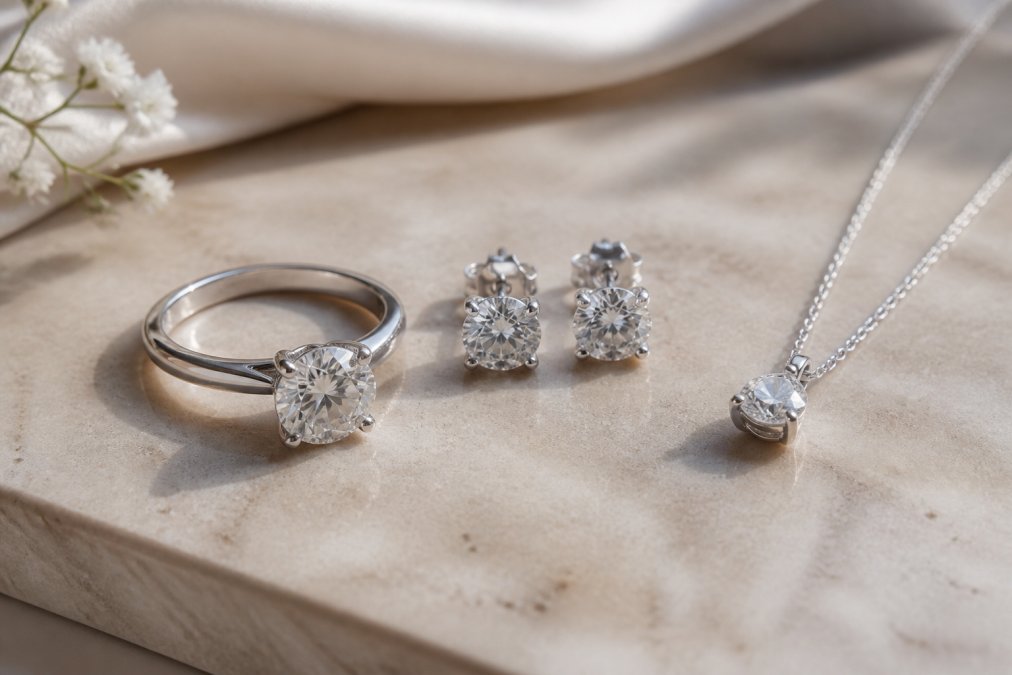 An elegant display of luxury diamond jewellery pieces arranged on a soft neutral surface in natural light: a classic solitaire engagement ring, a pair of diamond stud earrings, and a delicate diamond pendant necklace, each piece gleaming with refined craftsmanship