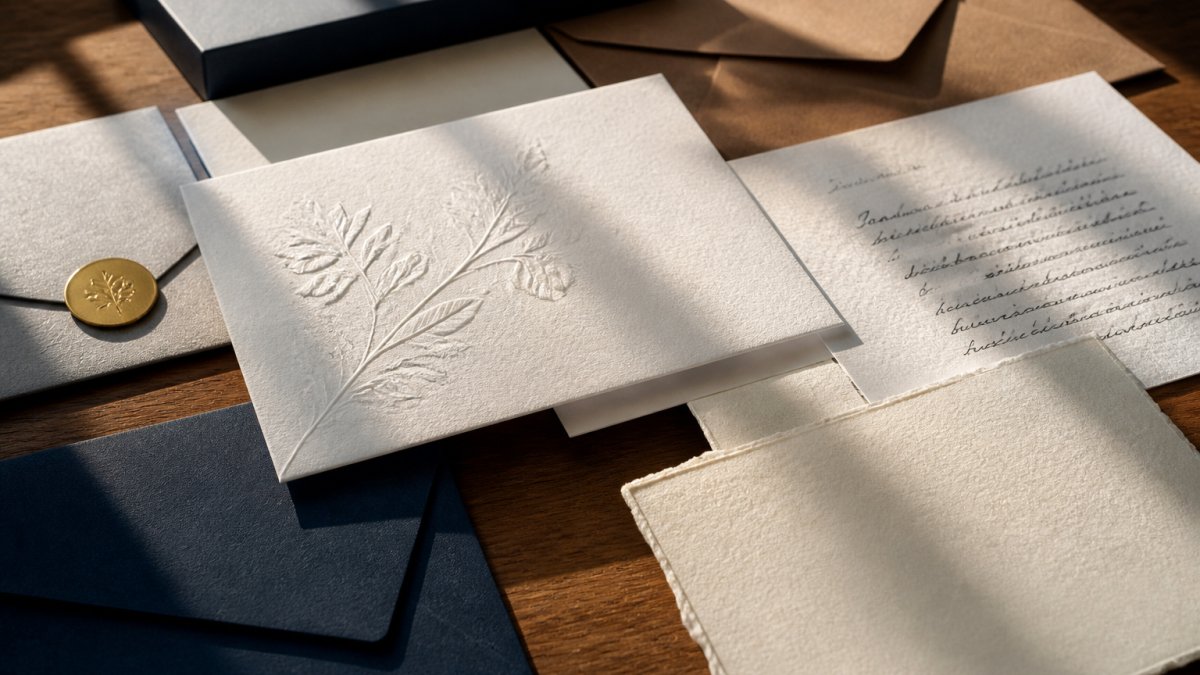Close-up of luxury direct mail pieces displayed on a wooden surface showing layered premium paper textures, embossed details, handwritten elements, and natural morning light casting shadows across the materials