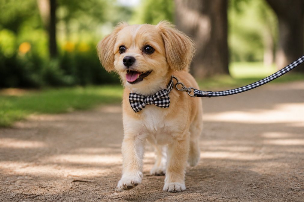 Small dog wearing a stylish checkered bow collar and leash walking on a sunny park path, showing the accessory's design and fit in real-world use