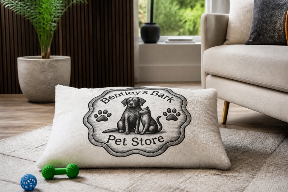 Plush personalized pet bed placed in a modern living room with minimalist decor, showing how luxury pet furniture integrates seamlessly with home design