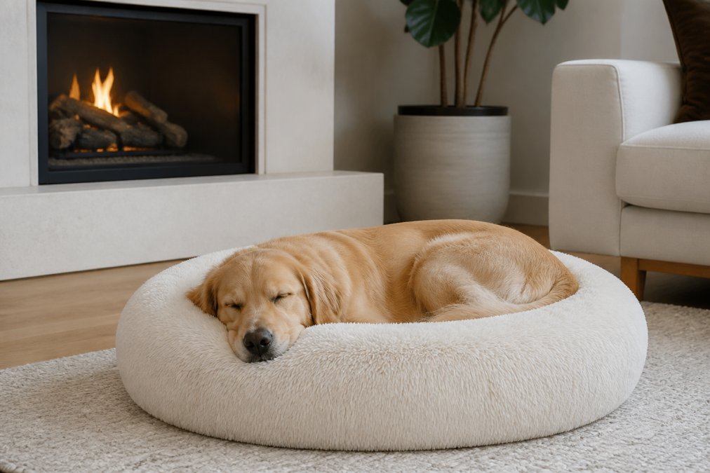 A golden retriever sleeping peacefully in a cream-colored donut bed positioned next to a modern fireplace in a bright living room, showing how luxury bedding integrates seamlessly into home decor