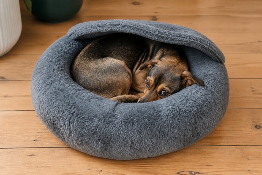 A dachshund mix curled up comfortably in a banana-shaped pet bed, demonstrating proper fit and secure nesting behavior with the velcro top partially closed