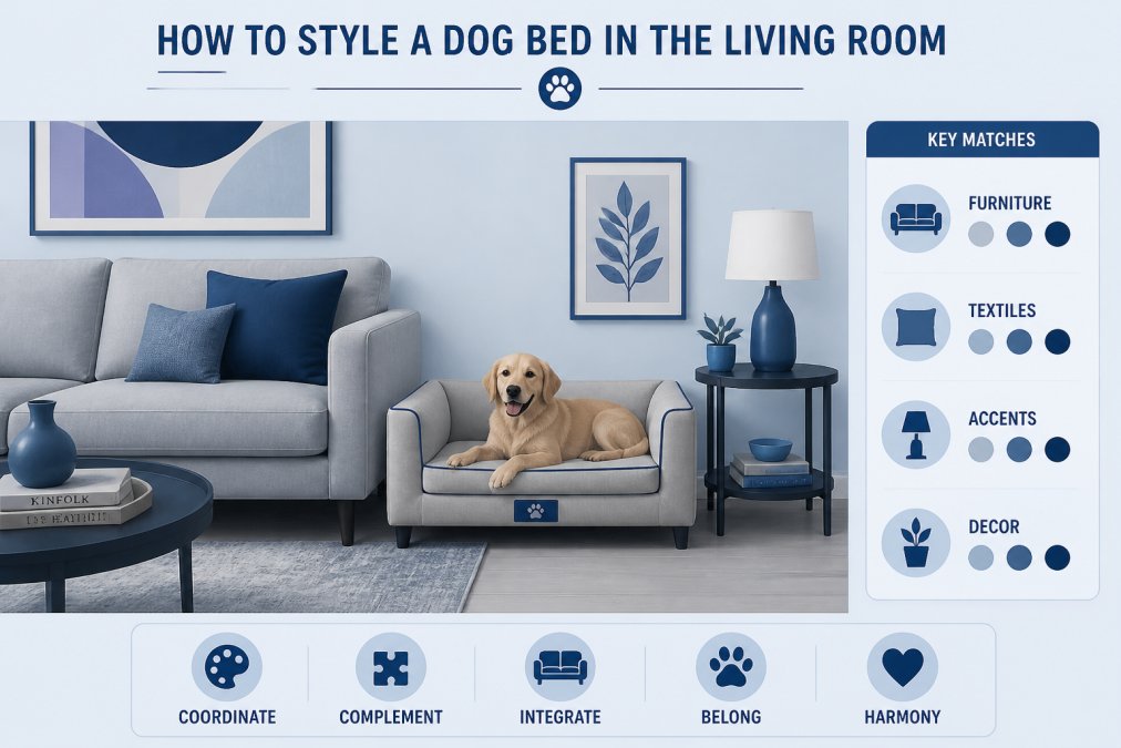 Modern living room with a neutral-toned luxury sofa-style dog bed positioned beside a contemporary grey sofa, showing how the pet furniture integrates seamlessly with the room's design aesthetic and color palette