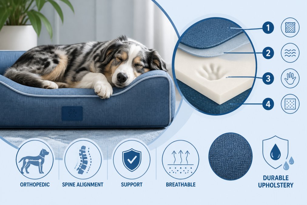 Close-up of a dog resting comfortably on a luxury memory foam bed with soft, durable upholstery fabric, showing the comfort and design quality together with natural indoor lighting