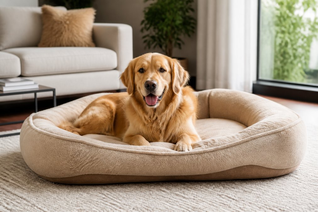 A golden retriever relaxing on a plush, neutral-toned dog bed in a modern living room with soft natural light coming through a window