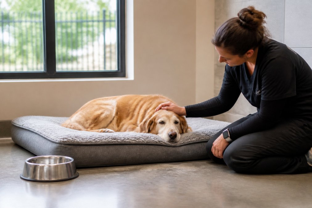 Senior golden retriever resting on an orthopedic bed in a luxury dog boarding suite as staff checks on them