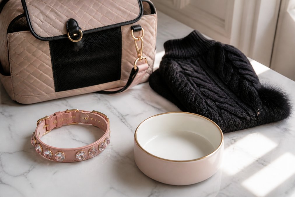 A flat-lay of luxury dog accessories arranged on a white marble surface, including a pink crystal-studded collar, a quilted carrier bag, a small black knit sweater, and a chic dog bowl, lit by soft natural window light