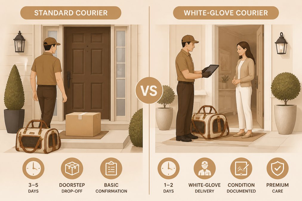 Split-screen comparison showing standard courier leaving package on doorstep (left) versus white-glove courier in uniform documenting package condition with client present and tablet in hand (right), with luxury dog carrier visible in both images