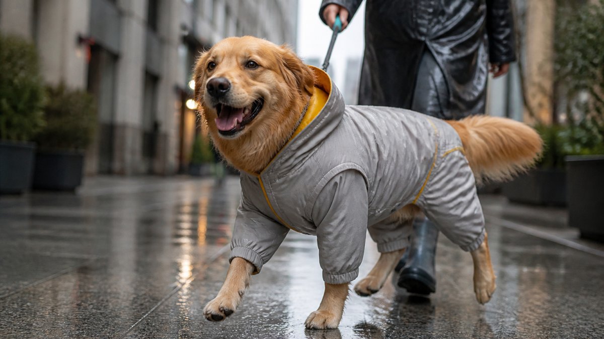 Active dog wearing a light gray waterproof padded jumpsuit with golden yellow lining on a rainy urban street, mid-walk with owner visible holding leash in background
