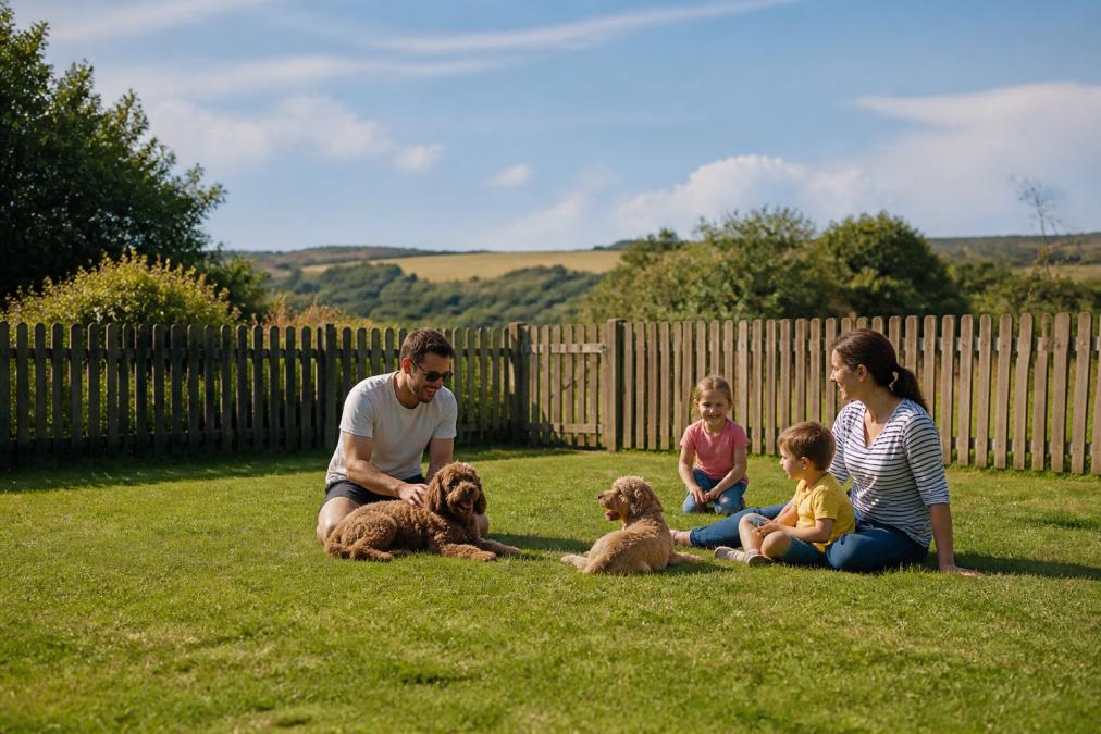 A family with two dogs enjoying the fully enclosed garden at a luxury cottage, with countryside views in the background and dogs safely contained by secure fencing