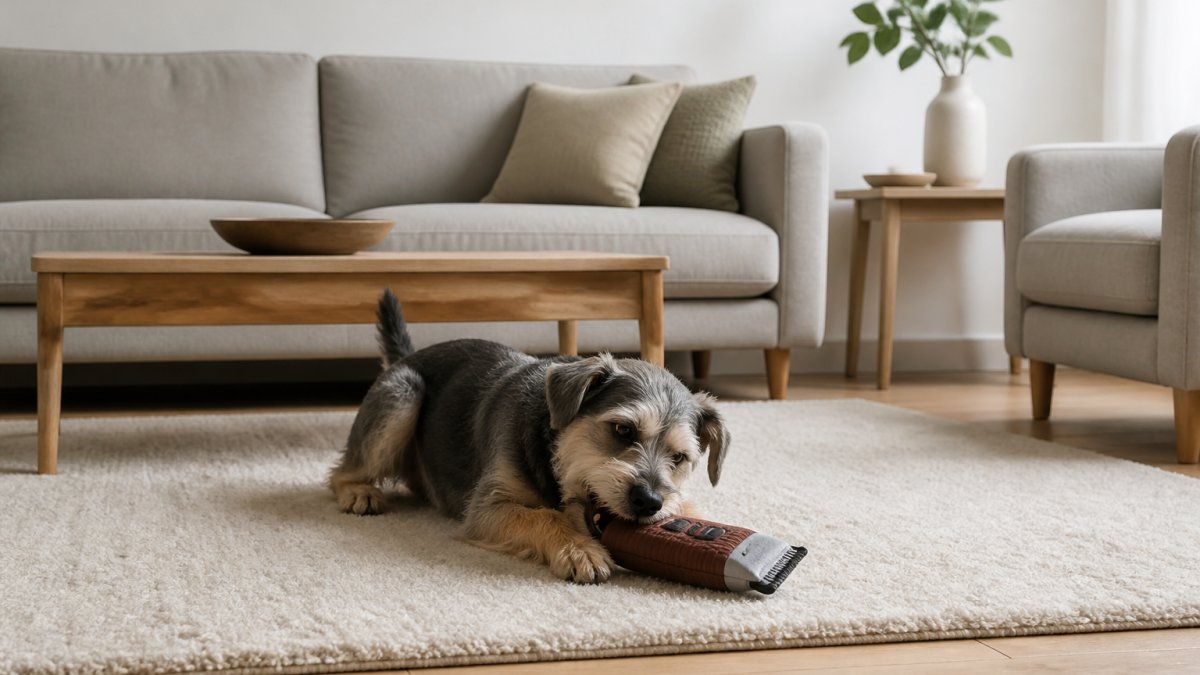 Modern minimalist living room with light gray furniture and natural wood accents, a small to medium dog playing with a barber-clipper-shaped plush toy on a cream-colored area rug, soft natural window lighting