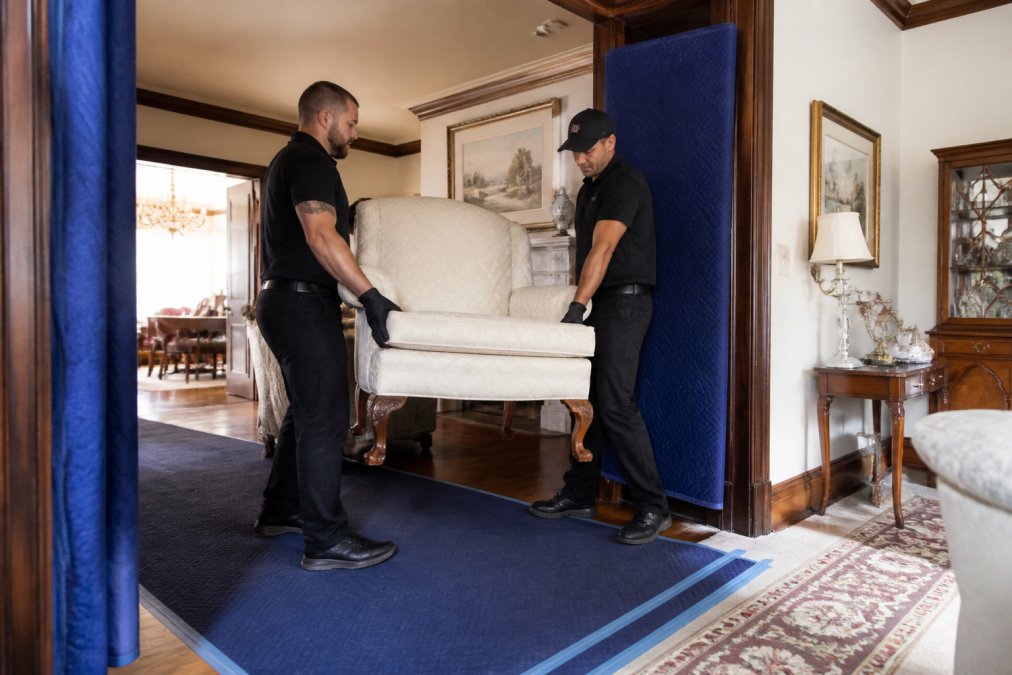 Professional team carefully removing elegant furniture from a high-end home, with protective floor coverings and doorway shields, showing meticulous attention to detail and white-glove handling